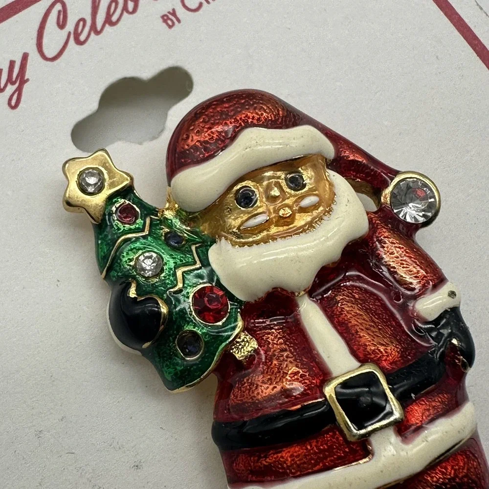 CHRISTOPHER RADKO Santa‎ Brooch Rhine stone and  Enamel  Christmas Tree 2 in x 2